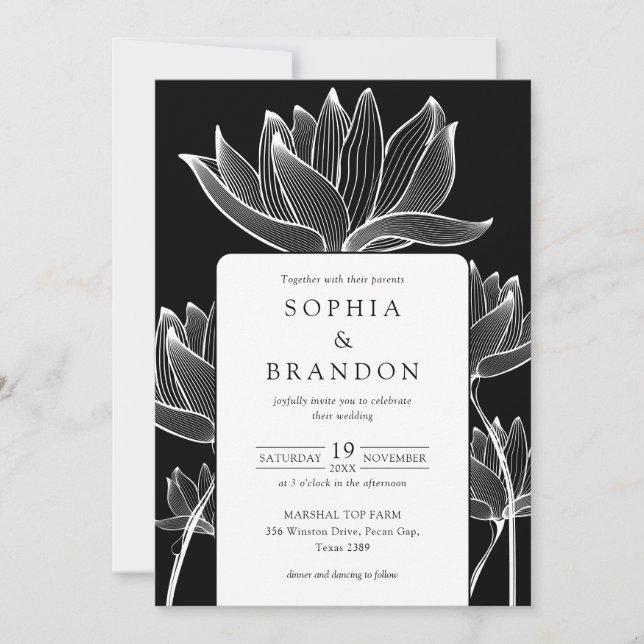 Invitation Botanique Floral QR Code Mariage noir et blanc (Devant)