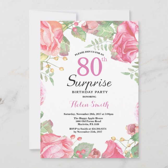 Invitation Botanique Floral Surprise 80e anniversaire Invitat (Devant)