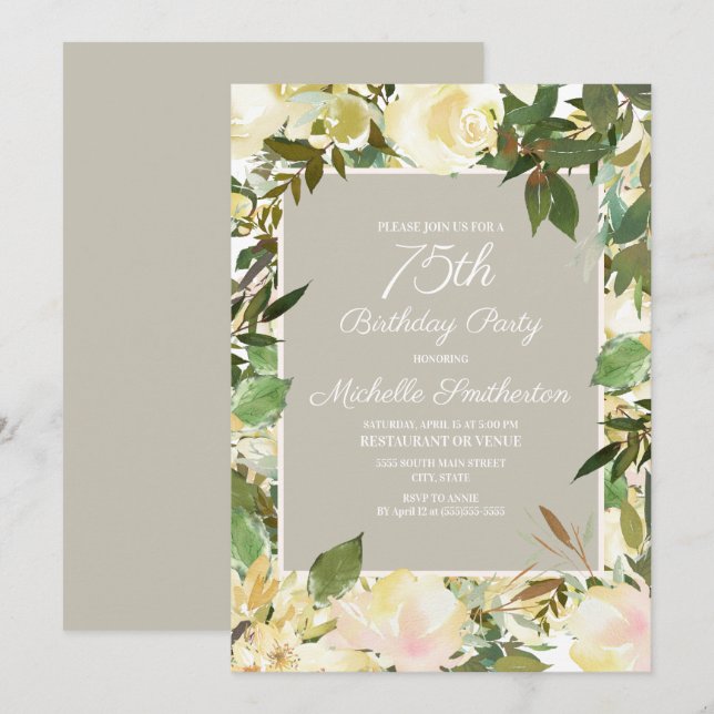 Invitation Botanique florale blanche crémeuse 75e anniversair (Devant / Derrière)