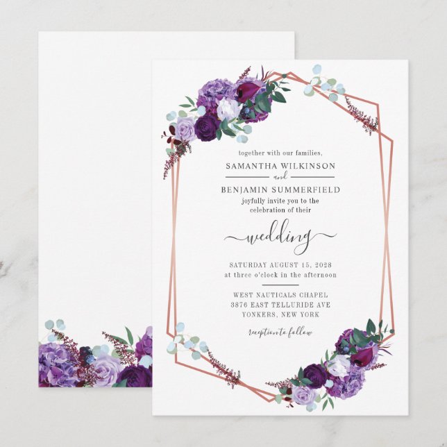 Invitation Botanique géométrique Floral Purple Mariage de ver (Devant / Derrière)