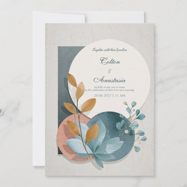 Invitation Botanique Géométrique Terracotta Bleu Vert Mariage (Devant)