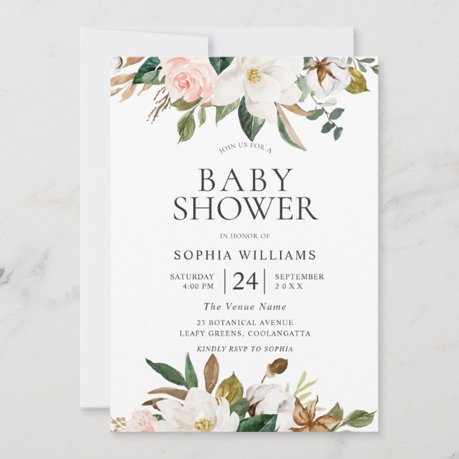 Invitation Botanique moderne Blush & Baby shower Floral blanc (Devant)