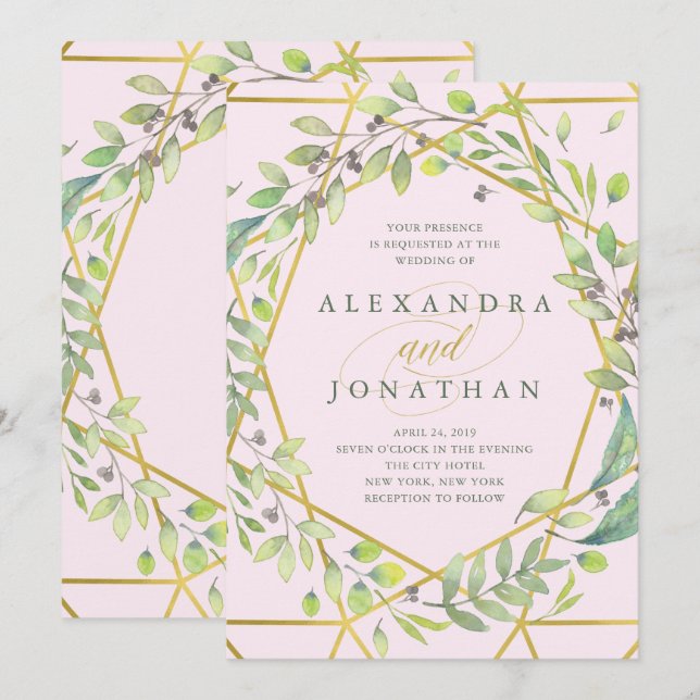 Invitation Botanique moderne | Blush et Faux Gold Mariage (Devant / Derrière)
