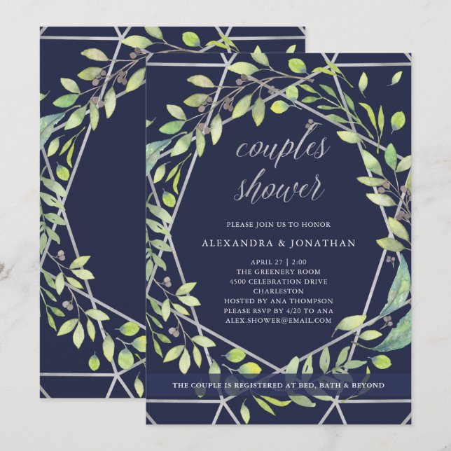Invitation Botanique moderne | Douche Couples Argent et Bleu (Devant / Derrière)