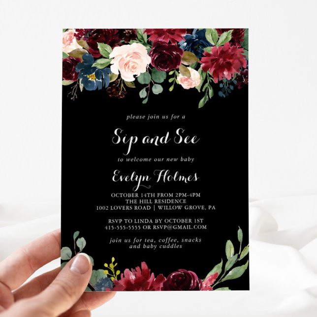 Invitation Botanique noire rustique Sip et voir (Créateur téléchargé)