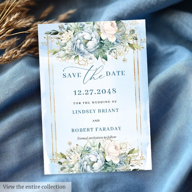 Invitation Botanique Pastel Bleu Blanc Or Floral Date de sauv (Botanical Pastel Blue White Gold Floral Save The Date)