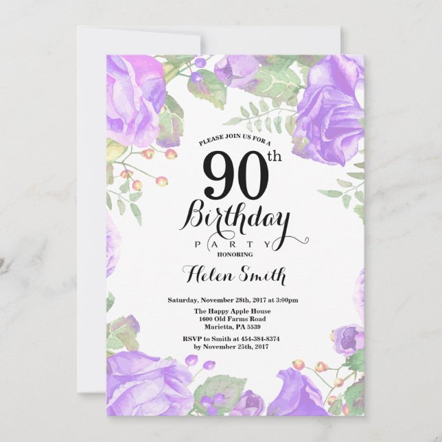 Invitation Botanique Purple Floral 90e anniversaire Invitatio (Devant)