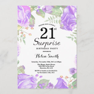 Invitation Botanique Purple Floral Surprise 21e anniversaire