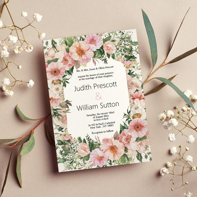 Invitation Botanique rose fleurit été Mariage floral (Botanical pink blossom summer floral Wedding )
