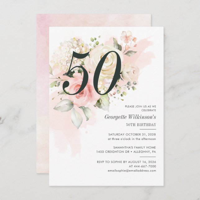 Invitation Botanique rose florale 50e fête d'anniversaire (Devant / Derrière)