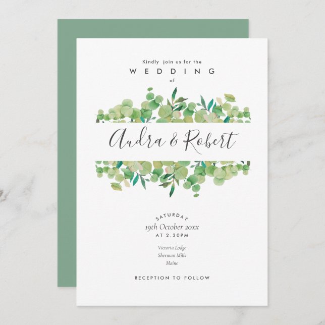 Invitation Botanique Verdure Eucalyptus Garland Mariage (Devant / Derrière)