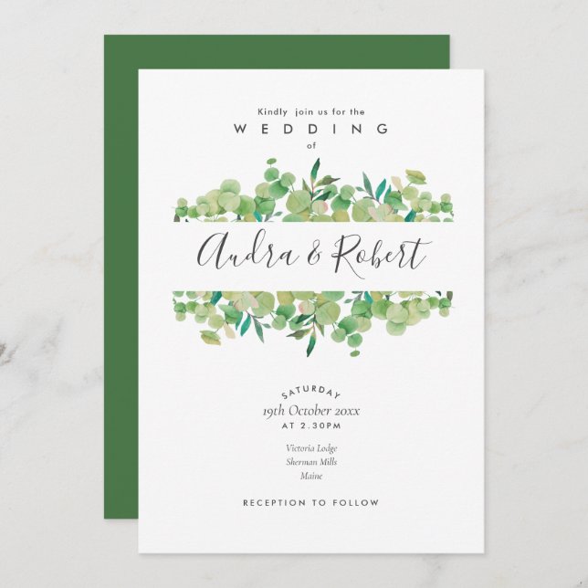 Invitation Botanique Verdure Eucalyptus Garland Mariage (Devant / Derrière)