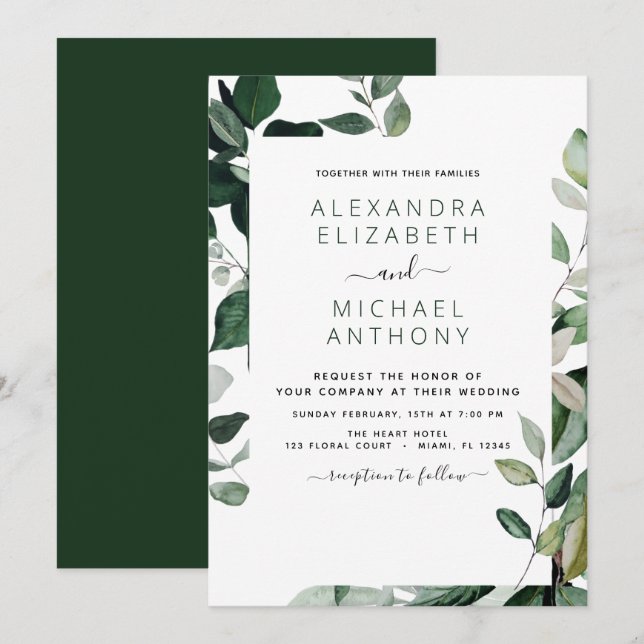 Invitation Botanique Verdure Foliage Mariage d'aquarelle (Devant / Derrière)