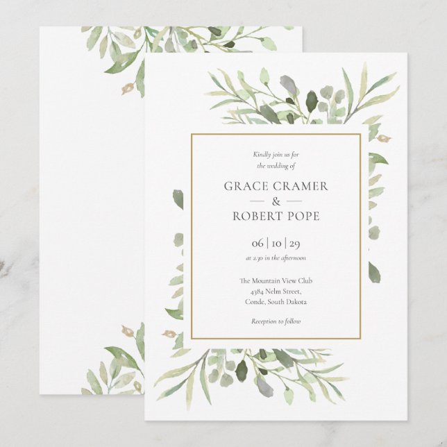 Invitation Botanique Verdure Foliage Or Mariage géométrique (Devant / Derrière)