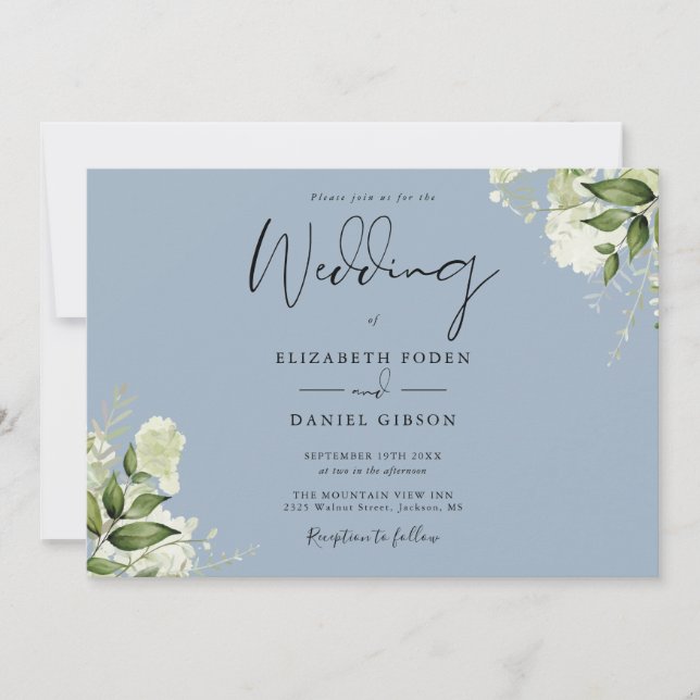 Invitation Botanique Verdure Monogramme Dusty Blue Mariage (Devant)