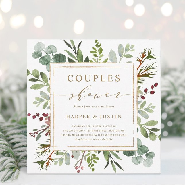 Invitation Botanique Verdure Noël Couples Carré douche (Créateur téléchargé)