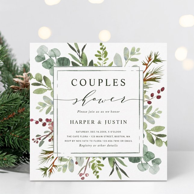 Invitation Botanique Verdure Noël Couples Carré douche (Créateur téléchargé)