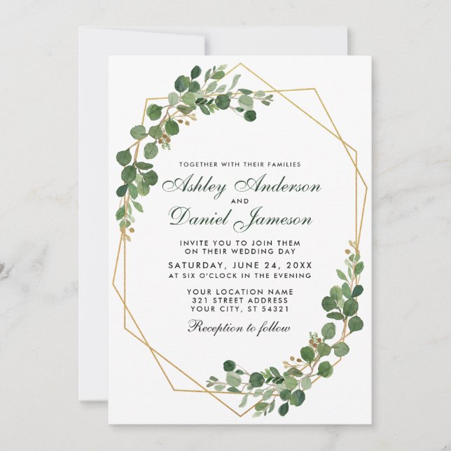 Invitation Botanique vert Eucalyptus Mariage géométrique (Devant)