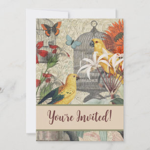 Invitation Botanique Vintage Oiseaux Nature Tropical Antique 