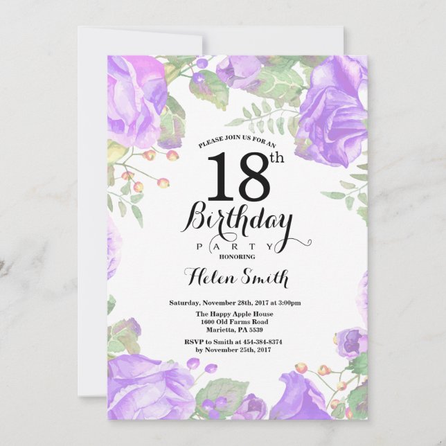 Invitation Botanique Violet Floral 18e anniversaire Invitatio (Devant)