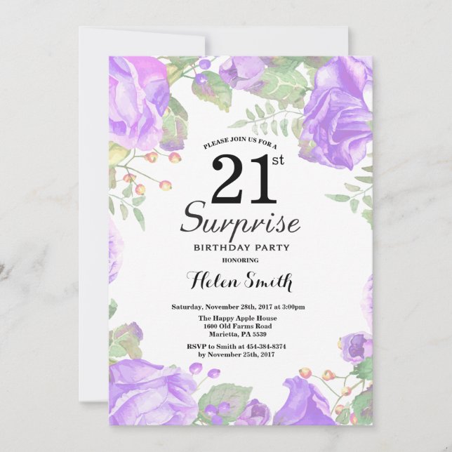 Invitation Botanique Violet Floral Surprise 21e anniversaire (Devant)