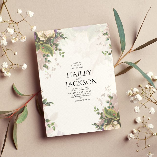 Invitation Botanique violet vert blanc ivoire mariage floral (Botanic purple green white ivory floral wedding invitation)