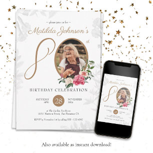 Invitation Botanique White Gold Photo personnalisée 80e anniv