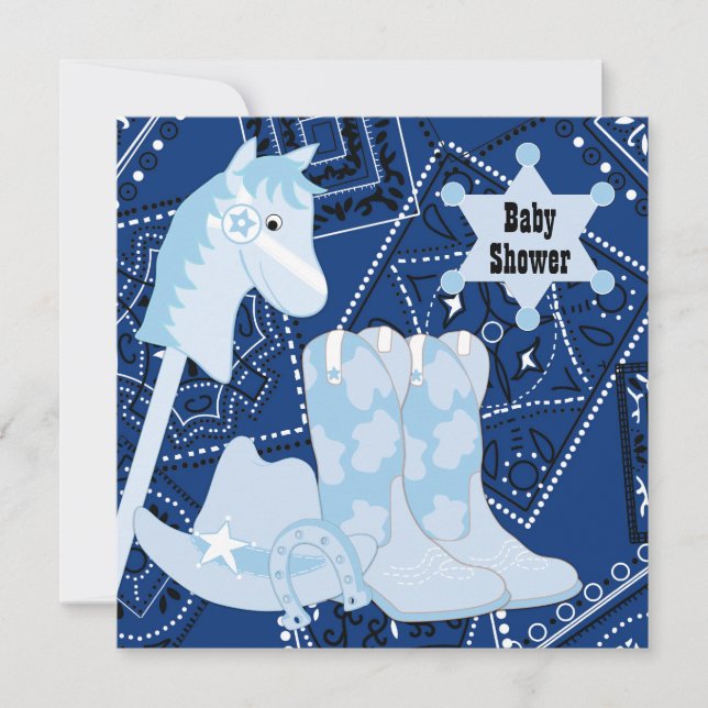 Invitation Botte Cowboy Bleu Noir Baby shower (Devant)
