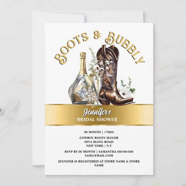 Invitation Botte de cowboy d'or occidental bulle fleurie été  (Devant)