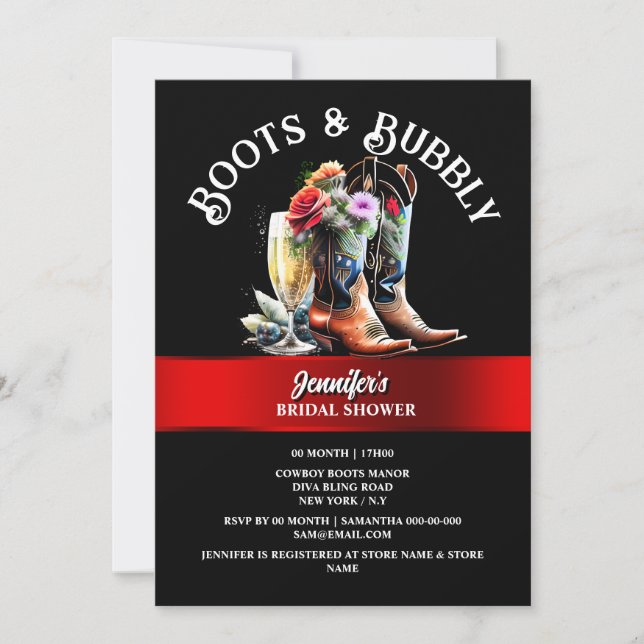 Invitation Botte de cowboy occidentale noir rouge bulle chic (Devant)