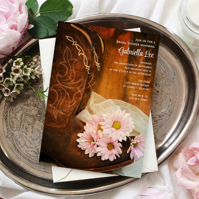 Invitation Botte de cowboy rose Daisies Fête des mariées occi (Créateur téléchargé)