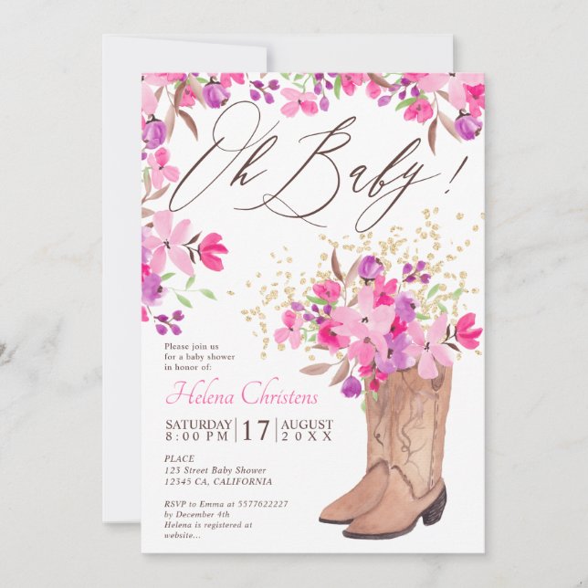 Invitation Botte de cowboy rustique baby shower à fleurs rose (Devant)