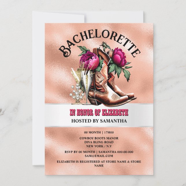 Invitation Botte de cowboy western bottes magenta pêche bubbl (Devant)