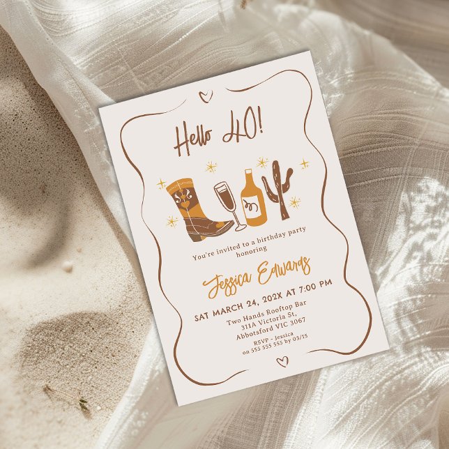 Invitation Botte de Whimsical Champagne Bonjour 40 Anniversai (Whimsical Western Hello 40 Birthday Invitation Cowgirl Bpoot, Champagne Bottle Wild West Birthday )