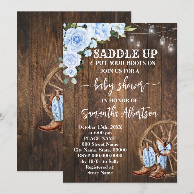 Invitation Botte du Baby shower bleu occidental (Devant / Derrière)