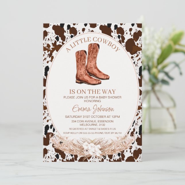 Invitation Botte florale Boho Cowboy Baby shower de vache (Debout devant)