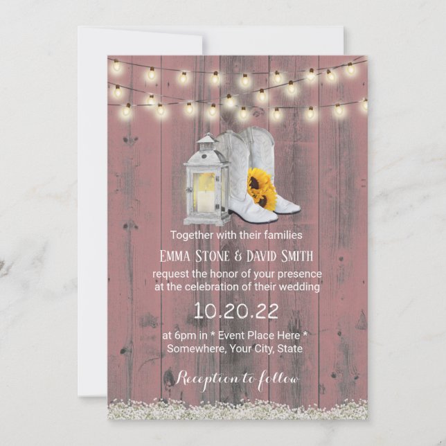Invitation Botte rustique Cowboy Lantern Mariage en bois rose (Devant)