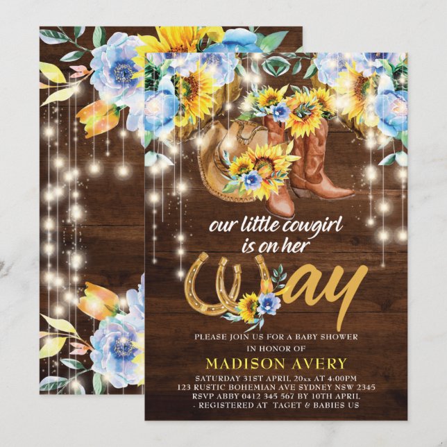 Invitation Botte Rustique Cowgirl Baby shower Floral (Devant / Derrière)