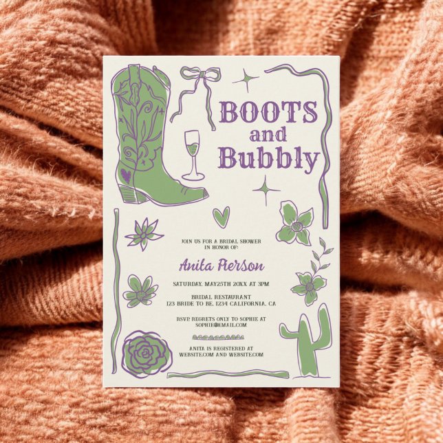 Invitation Botte violet vert gribouillis bottes bulle douche  (Purple green scribbles boots bubbly bridal shower invitation)