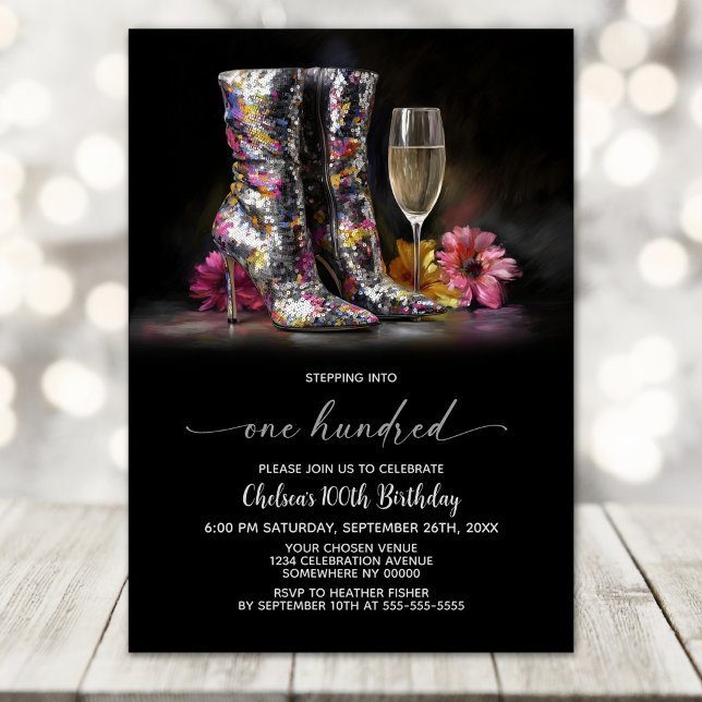 Invitation Bottes à paillettes argentées Fête des 100 ans (Créateur téléchargé)