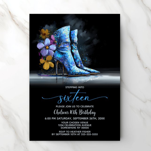 Invitation Bottes à paillettes bleues Fête des 16 ans (Créateur téléchargé)