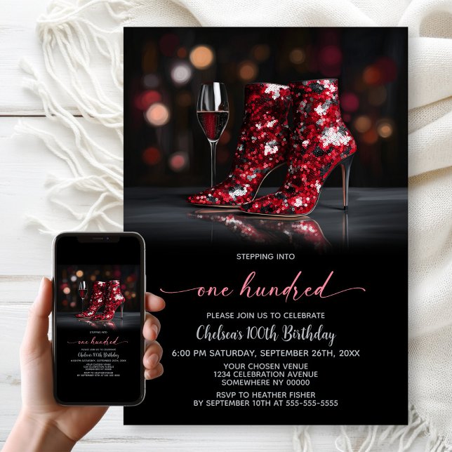 Invitation Bottes à paillettes rouges Fête des 100 ans (Créateur téléchargé)