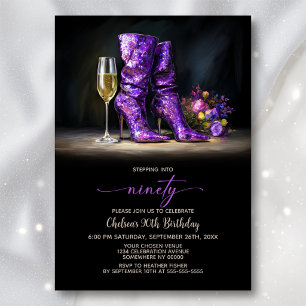 Invitation Bottes à paillettes violettes Fête des 90 ans