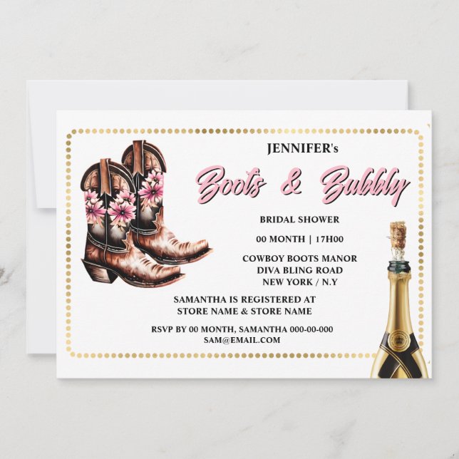Invitation Bottes bulle rose or cowgirl bottes floral chic (Devant)