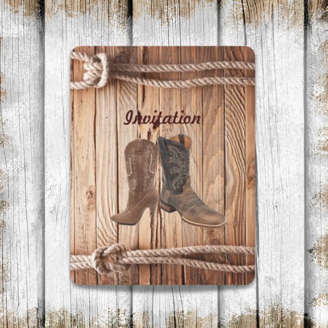 Invitation Bottes de cow-boy en bois de grange Mariage occide (barn wood Cowboy Boots Western country Wedding Invitation)