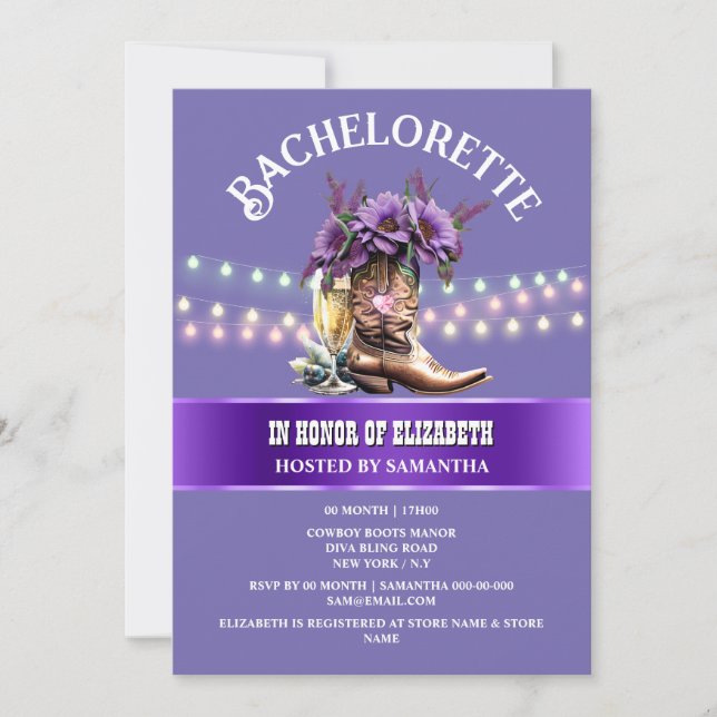 Invitation Bottes de cowboy occidental violet blanc bulle chi (Devant)