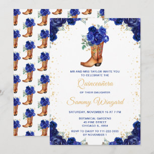 Invitation Bottes de cowboy Quinceañera florales bleu foncé e