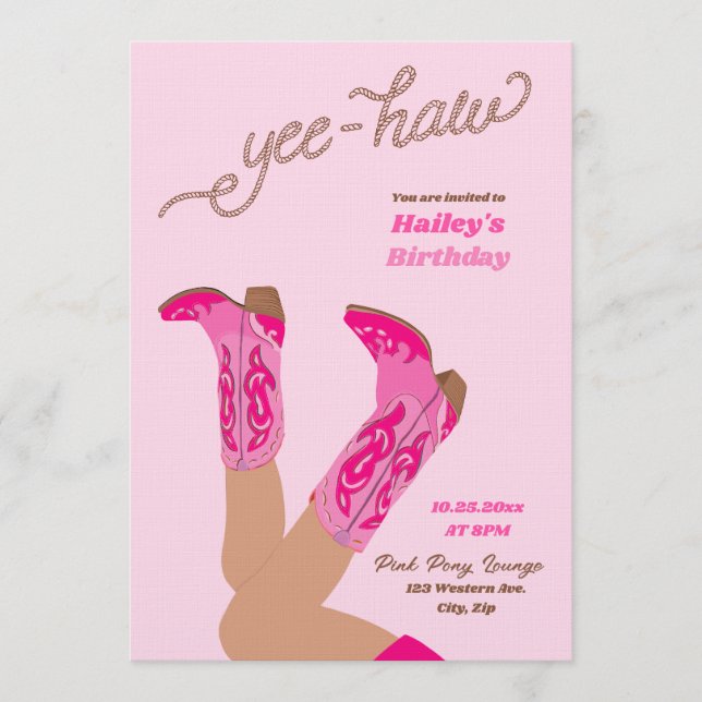 Invitation Bottes de cowgirl rose vif pour un anniversaire (Devant)