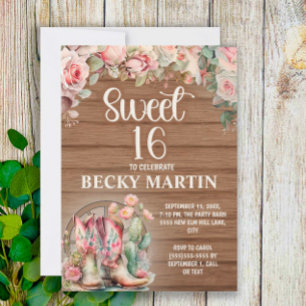 Invitation Bottes de cowgirl rustiques Roses roses Douce 16