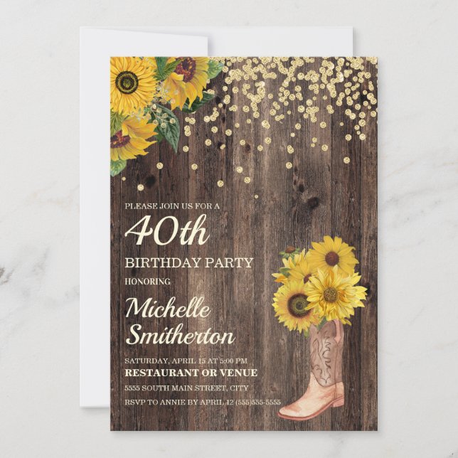 Invitation Bottes de soleil rustiques pailletées 40e annivers (Devant)
